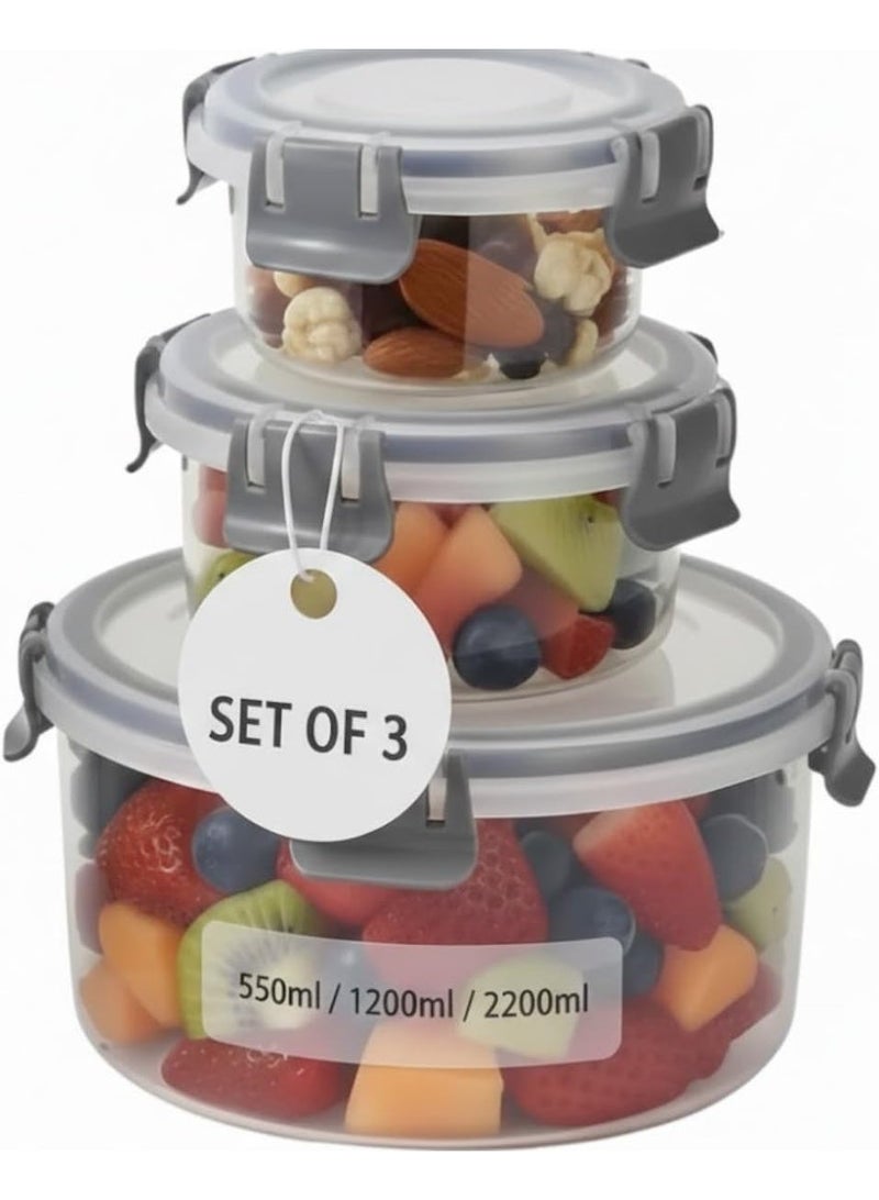 تصميم،BPA حاويات حفظ طعام محكمة الإغلاق، طقم 3 قطع مع ملاعق وشوك، بلاستيك خالٍ من BPA، تصميم دائري مانع للتسرب بأربع أقفال، قابلة للتكديس، بسعات 550 مل و1200 مل و2200 مل، مناسبة للمطبخ والمجمد ووجبات الغداء - Image 1